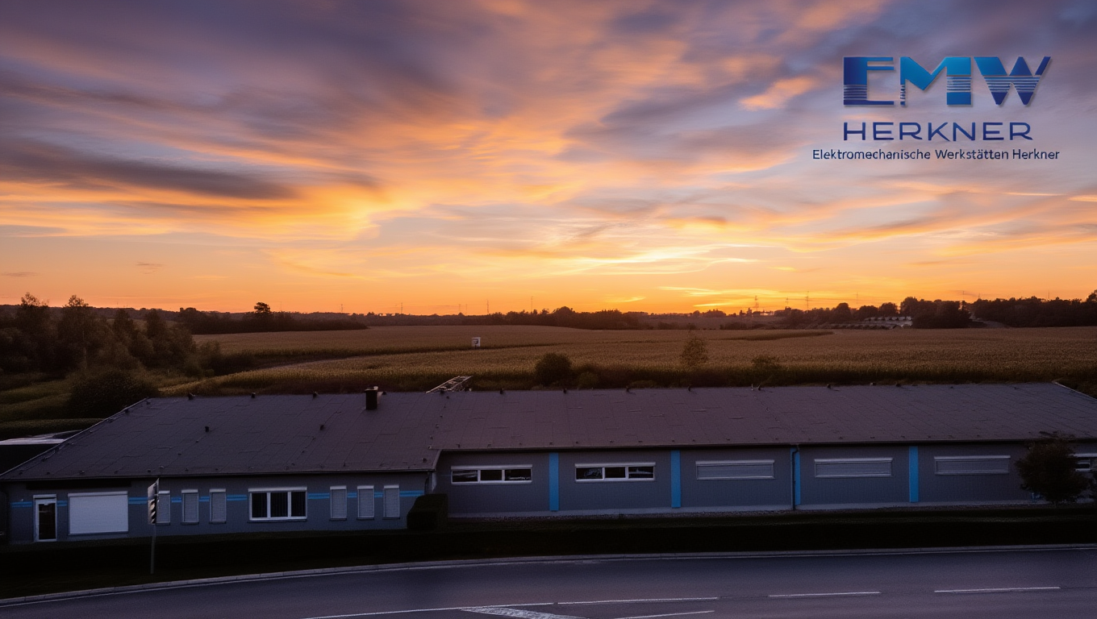 Werkstattgebäude der EMW Herkner in Webau bei Sonnenuntergang